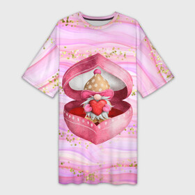 Платье-футболка 3D с принтом Гномик дарит сердечко в Курске,  |  | 14 февраля | iloveyou | love | влюбленным | день влюбленных | люблю | люблютебя | любовь | милая | милота | милый | нежность | признанеивлюбвю | признание | сердечко | сердце