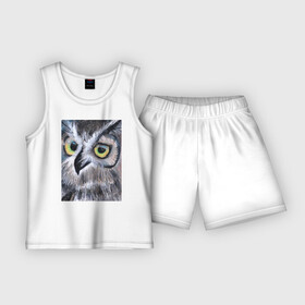Детская пижама с шортами хлопок с принтом Взгляд жёлтых глаз лесной совы в Курске,  |  | акварель | глаза | карандаш | пастель | птицы | рисунок | сова
