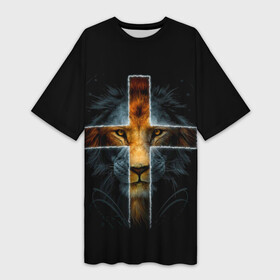 Платье-футболка 3D с принтом ЛЕВ И КРЕСТ в Курске,  |  | animal | lion | брутальный | вера | животные | зверь | крест | лев | сила | суровый | темный | хищник | царь
