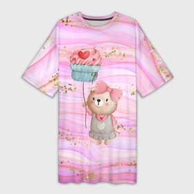Платье-футболка 3D с принтом милый мишка с воздушным пирожным в Курске,  |  | 14 февраля | iloveyou | love | влюбленным | день влюбленных | люблю | люблютебя | любовь | милая | милота | милый | нежность | признанеивлюбвю | признание | сердечко | сердце