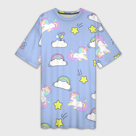 Платье-футболка 3D с принтом Единоржки и облака в Курске,  |  | Тематика изображения на принте: dabbing unicorn | unicorn | детская | единорог радуга | единорожек | звезда | круги | мило | облака | пижама | подарок | прикольные картинки | радуга | радужный единорог | шарики