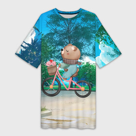 Платье-футболка 3D с принтом Медведь на велосипеде в Курске,  |  | вело | велосипед | медведь | медвежонок | мишка