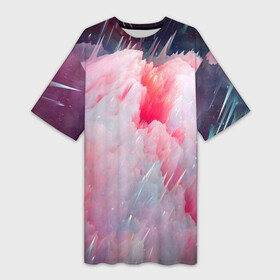Платье-футболка 3D с принтом Абстрактный яркий космос в Курске,  |  | абстрактный яркий космос | брызг | дым | иглы | иголки | космос | острое | розовый дым