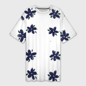 Платье-футболка 3D с принтом Синие ромашки на белом фоне в Курске,  |  | веселый принт | весенний принт | весна | летний принт | лето | мультяшные цветы | природа | рисунок маслом | ромашки | синие ромашки | синий цвет | цветы | цветы маслом