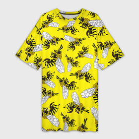 Платье-футболка 3D с принтом Пчелы на желтом в Курске,  |  | Тематика изображения на принте: bee | honey | insect | nature | spring | summer | sunny | yellow | весно | желтый узор | жук | крылья | лето | мед | много насекомых | насекомые | оса | пасечник | природа | пчела | пчелиный рой | пчелка | пчеловод | пчелы | рой пчел