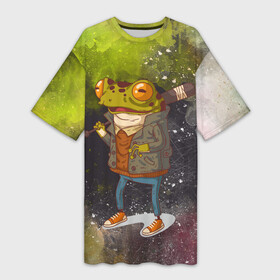 Платье-футболка 3D с принтом Лягушка хулиган  Frog hooligan в Курске,  |  | hooligan | бесхвостые | голиаф | древесница | земноводное | квакуша | квакушка | квакша | лиопельма | лягва | лягуха | лягушач | лягушечка | лягушка | лягушкаквакушка | лягушки | нототрема | пипа | хулиган