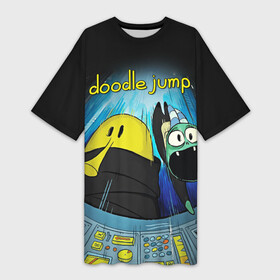 Платье-футболка 3D с принтом Doodle in spaceship в Курске,  |  | Тематика изображения на принте: doodle | doodle jump | game | jump | видеоигра | дудлик | игра | игры | каракуля | мобилка | мобильная игра | платформер