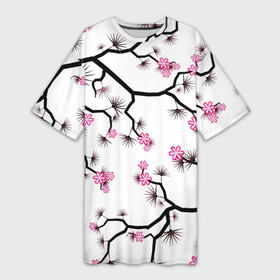 Платье-футболка 3D с принтом Цветущий шиповник в Курске,  |  | арт | весна | игла | иголка | колючка | рисунок | цветение | цветение дерева | цветение деревьев | цветок | цветы | шип | шиповник | яркие цветы | яркий цветок