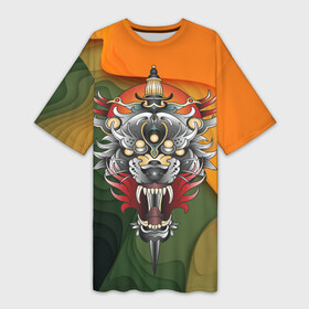 Платье-футболка 3D с принтом Голова самурайского тигра в Курске,  |  | волны | голова тигра | животное | самурай | тигр | хищник