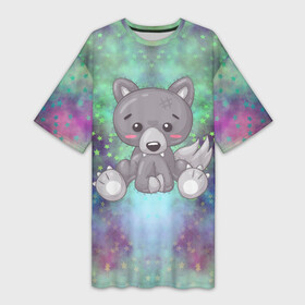 Платье-футболка 3D с принтом Маленький серый волк в Курске,  |  | wolf | волк | волчонок | серый | серый волк