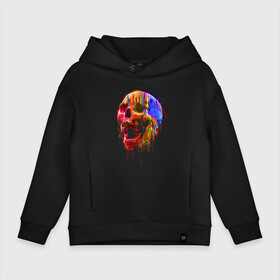 Детское худи Oversize хлопок с принтом Color skull   Neon   Fashion в Курске, френч-терри — 70% хлопок, 30% полиэстер. Мягкий теплый начес внутри —100% хлопок | боковые карманы, эластичные манжеты и нижняя кромка, капюшон на магнитной кнопке | Тематика изображения на принте: color | fashion | jaw | neon | skull | мода | неон | пасть | цвет | череп