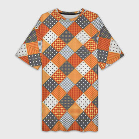Платье-футболка 3D с принтом Имитация полотна из лоскутков в Курске,  |  | геометрия | крапинки | лоскутки | оранжевый | пэчворк | серый | сшитые кусочки | точки