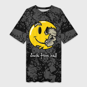 Платье-футболка 3D с принтом Smile from hell в Курске,  |  | death | from hell | skull | smile | smiley torn | из ада | смайлик разорванный | улыбка | череп