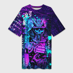 Платье-футболка 3D с принтом Неоновый Японский Самурай  Neon Samurai Skull в Курске,  |  | anime | grunge | neon | samurai | skulls | боевые | брызги | гранж | иероглифы | искусства | краски | надпись | неоновый | полосы | потертости | скелет | черепа