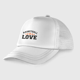 Детская кепка тракер с принтом Love   Basketball в Курске, Козырек - 100% хлопок. Кепка - 100% полиэстер, Задняя часть - сетка | универсальный размер, пластиковая застёжка | Тематика изображения на принте: basketball | game | nba | sport | баскетбол | баскетболист | игра | мяч | нба | спорт | спортсмен