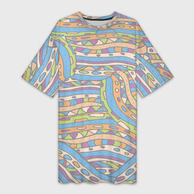 Платье-футболка 3D с принтом Разноцветный геометрический узор в стиле дудл в Курске,  |  | абстракция | белый | геометрический | детский | дудл | женский | зеленый | каракули | квадратики | линии | оранжевый | пастельные цвета | пастельный | пестрый | приглушенные тона | разноцветный
