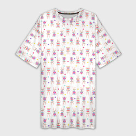 Платье-футболка 3D с принтом Веселые кролики с пасхальными яйцами в Курске,  |  | белый фон | бирюзовый | детский | желтый | зайчик | заяц | кролик | мультяшный стиль | пастельные тона | пасха | пасхальный | персонаж | розовый | фиолетовый | яйцо