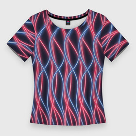 Женская футболка 3D Slim с принтом Неоновые волны. Розовый и голубой на темном фоне. в Курске,  |  | вертикальный | волнистый | волны | дебри | детск | для девочки | для мальчика | женский | извилистый | красный | линии | много | мужской | неон | неоновый | переплетение | провода | розовый