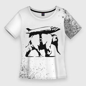 Женская футболка 3D Slim с принтом BANKSY  СЛОН  Краска в Курске,  |  | art | artist | banksy | graffity | pacifique | pacifisme | peace | street | violence | war | арт | бэнкси | война | войне | граффити | мир | неравенство | нет | пацифизм | пацифика | символ мира | стрит | художник