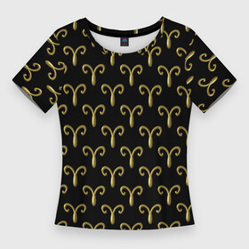 Женская футболка 3D Slim с принтом Золотой овен на черном фоне. Паттерн в Курске,  |  | Тематика изображения на принте: 3d | 3д | апрель | бесшовный | гороскоп | знак | зодиак | золото | золотой | март | металл | на день рождения | овен | паттерн | псевдо 3d | символ | узор | черный фон