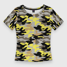 Женская футболка 3D Slim с принтом Желтый, Черный, Серый, Модный (камуфляж) в Курске,  |  | camouflage | military | армия | военный камуфляж | война | гламур | камуфляж | маскировка | масхалат | милитари | мода | охота | солдат | цвета хаки