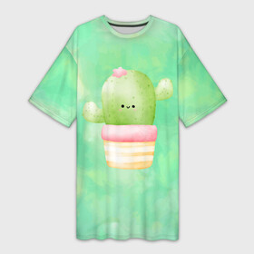 Платье-футболка 3D с принтом Маленький кактус в горшке в Курске,  |  | горшок | горшочек | иголки | кактус | кактус в горшке | катусенок | колючки