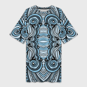 Платье-футболка 3D с принтом Абстрактный узор в дудл стиле. Рисунок от руки. Линии, волны, полосы. Синий, голубой, черный, серый и белый цвета. в Курске,  |  | абстрактный | абстракция | волнистый | волны | дудл | дудлинг | индейский | линер | линии | мексиканский | национальный | перуанский | полосатый | полосы | разноцветный | рисунок от руки | серый