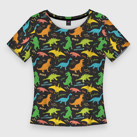 Женская футболка 3D Slim с принтом Разноцветные Динозавры в Курске,  |  | dinosaur | dinosaur era | pangolin | predator | pterodactyl | reptile | reptiloid | the dragon | the serpent | tyrannosaurus | динозавр | дракон | ледниковый период | птеродактиль | тираннозавр | хищник | эра динозавров | ю
