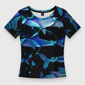 Женская футболка 3D Slim с принтом На дне морском  Акулы в Курске,  |  | carcharhinidae | shark | акулы | атака акулы | белые акулы | большая акула | виды акул | встречи с акулами | гигантская акула | древние хищники | животные океана | мегалодон | морские животные