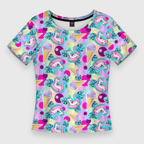 Женская футболка 3D Slim с принтом Единороги на радужном фоне с мороженым в Курске,  |  | dab unicorn | horse | ice cream | pony | unicorn | единорог | животное | зверь | конь | лошадь | мифическое существо | мороженое | мультик | пони | радуга | сказка | фламинго