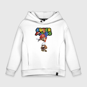 Детское худи Oversize хлопок с принтом Mario and Goomba   Super Mario в Курске, френч-терри — 70% хлопок, 30% полиэстер. Мягкий теплый начес внутри —100% хлопок | боковые карманы, эластичные манжеты и нижняя кромка, капюшон на магнитной кнопке | dude | eyes | fangs | goomba | hero | jaw | mario | video game | видеоигра | герой | глаза | гриб | гумба | клыки | марио | пасть | персонаж | чувак