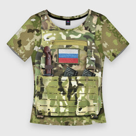 Женская футболка 3D Slim с принтом Бронежилет с боекомплектом в Курске,  |  | армия | боекомплект | бронежилет | камуфляж | магазин акм | солдатский | флаг россии | шеврон | штык нож