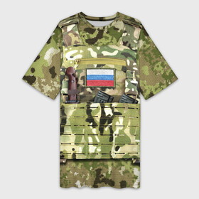 Платье-футболка 3D с принтом Бронежилет с боекомплектом в Курске,  |  | армия | боекомплект | бронежилет | камуфляж | магазин акм | солдатский | флаг россии | шеврон | штык нож