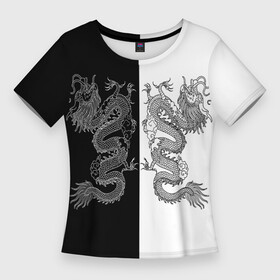 Женская футболка 3D Slim с принтом Double Dragon Дракон Чб в Курске,  |  | beast | dragon | fire | grunge | горелый | дракон | животные | зверь | змей | иероглифы | когти | огонь | пепел | пламя | потертости | узор | чб | японский