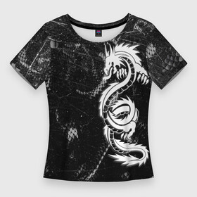 Женская футболка 3D Slim с принтом Китайский Дракон Чб Dragon Snake в Курске,  |  | beast | dark | dragon | fire | grunge | дракон | животные | зверь | змей | иероглифы | когти | огонь | пепел | пламя | потертости | узор | чб | японский