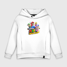 Детское худи Oversize хлопок с принтом Герои Super Mario 3D World   Nintendo в Курске, френч-терри — 70% хлопок, 30% полиэстер. Мягкий теплый начес внутри —100% хлопок | боковые карманы, эластичные манжеты и нижняя кромка, капюшон на магнитной кнопке | Тематика изображения на принте: heroes | luigi | princess peach | super mario | team | video game | видеоигра | герои | луиджи | супер марио