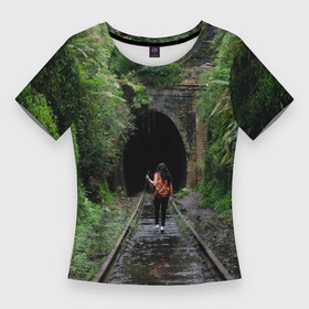 Женская футболка 3D Slim с принтом Дорога, уходящая в неизвестность в Курске,  |  | бегство | девушка | деревья | дорога | жд | железная дорога | загадка | заросли | лес | мистика | мрак | мрачное | неизвестность | природа | рельсы | саспенс | тайна | туннель