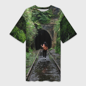 Платье-футболка 3D с принтом Дорога, уходящая в неизвестность в Курске,  |  | бегство | девушка | деревья | дорога | жд | железная дорога | загадка | заросли | лес | мистика | мрак | мрачное | неизвестность | природа | рельсы | саспенс | тайна | туннель
