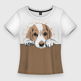 Женская футболка 3D Slim с принтом Грустный Щенок Бигля в Курске,  |  | Тематика изображения на принте: animal | beagle | dog | hunting dog | бигль | год собаки | гончая собака | друг человека | животное | зверь | кинолог | охотничья собака | пес | порода собак | собака бигль | собаковод | собачка | хищник