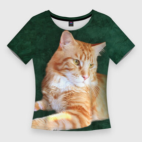 Женская футболка 3D Slim с принтом Мейн кун рыжий кот в Курске,  |  | Тематика изображения на принте: cat | зеленая | зеленый | кот | котенок | котик | красивый | кун | мейн | порода | рыжий | фотография