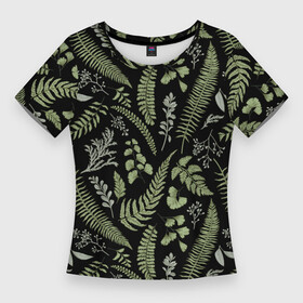 Женская футболка 3D Slim с принтом Зелёные листья папоротника на черном фоне в Курске,  |  | зеленые листья | листья | листья на темном фоне | папоротник | растения | растительный рисунок