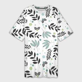 Платье-футболка 3D с принтом Ботанический паттерн с листочками в Курске,  |  | ботаника | ботанический | листья | паттерн | растение | растения | узор | универсальный | ягоды