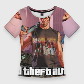 Женская футболка 3D Slim с принтом GTA 5 Gangsters в Курске,  |  | automat | bag | city | gangsters | gta | gta 5 | gun | love fist | money | shotgun | автомат | гангстеры | город | гта | гта 5 | деньги | дробовик | пистолет | сумка