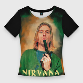Женская футболка 3D Slim с принтом Nirvana  Kurt Cobain with a gun в Курске,  |  | grunge | guns | kurt cobain | music | nirvana | portrait | rock | smells like teen spirit | арт | гранж | курт кобейн | мужчины | музыка | надписи | нирвана | портрет | пушки | рок