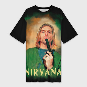 Платье-футболка 3D с принтом Nirvana  Kurt Cobain with a gun в Курске,  |  | grunge | guns | kurt cobain | music | nirvana | portrait | rock | smells like teen spirit | арт | гранж | курт кобейн | мужчины | музыка | надписи | нирвана | портрет | пушки | рок