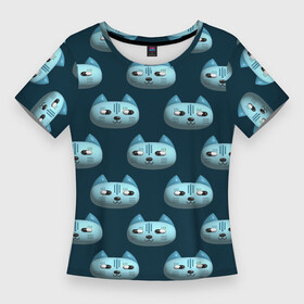 Женская футболка 3D Slim с принтом Мордочки котов с эффектом 3d. Паттерн в Курске,  |  | 3d | 3д | голова | дудл стиль | кот | котенок | котик | кошачий | кошка | лицо | мордочка | мультяшный стиль | объемный | плоский стиль | синий