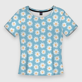 Женская футболка 3D Slim с принтом Ромашки, паттерн в Курске,  |  | на голубом фоне | пастельный | паттерн | ромашки | узор | цветочный | цветы