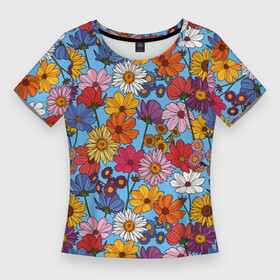 Женская футболка 3D Slim с принтом Ромашки лютики в Курске,  |  | васильки | лето | маки | паттерн | поле | полевые цветы | ромашка | цветы