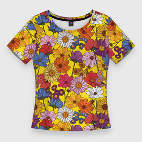 Женская футболка 3D Slim с принтом Цветочки лютики на желтом фоне в Курске,  |  | васильки | лето | полевые цветы | природа | ромашки | цветы