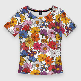 Женская футболка 3D Slim с принтом Полевые Цветы на белом фоне в Курске,  |  | лето | поле | полевые цветы | природа | ромашка | цветы
